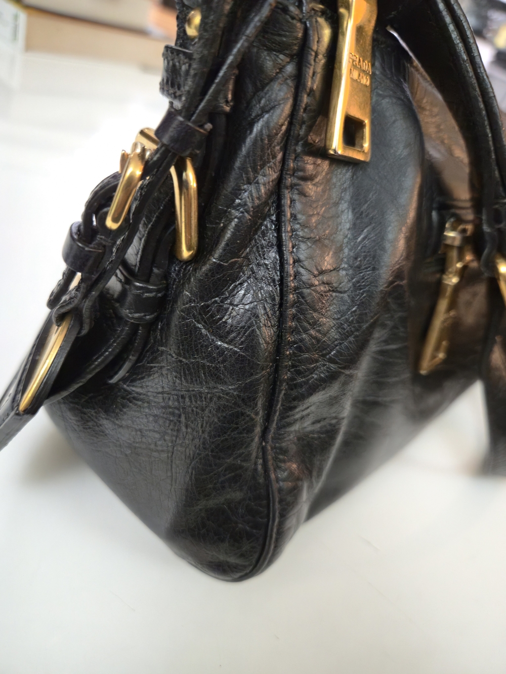 PRADA Dark Blue/Black Leather Shoulder Bag with Gold Hardware - Picture 9 of 17